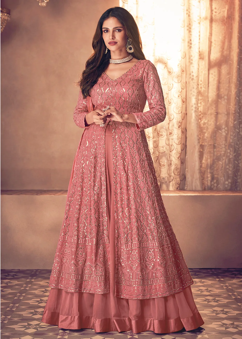 Spectacular Pink Floor Length Sequins Work Anarkali Suit