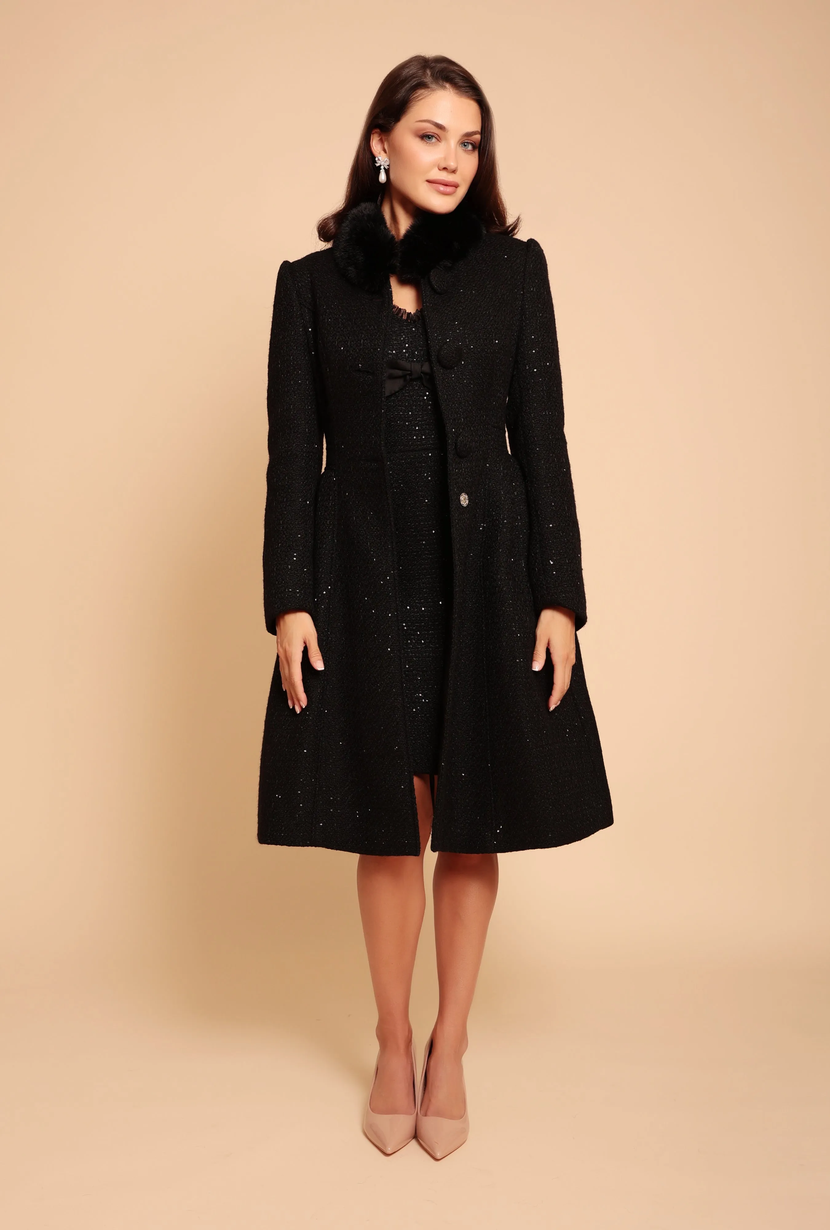 'Starlet' Wool Tweed Dress Coat with Faux Fur in Nero