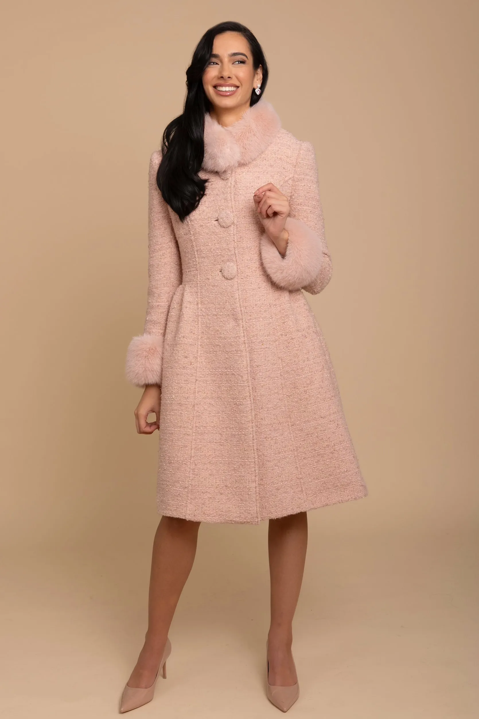 'Starlet' Wool Tweed Dress Coat with Faux Fur in Rosa