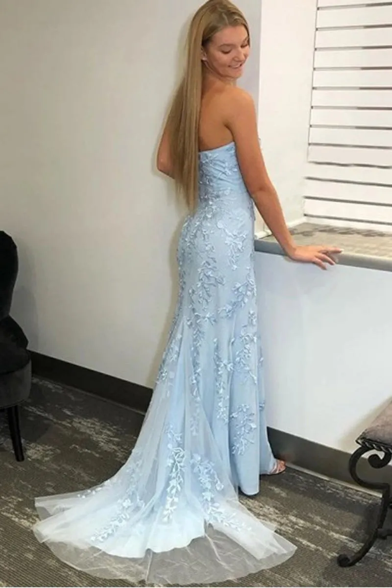 Strapless Mermaid Light Blue Lace Prom Dress with Split, Light Blue Lace Mermaid Formal Dress, Light Blue Lace Evening Dress