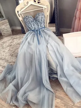 Strapless Sweetheart Neck Beaded Blue Long Prom with High Slit, Blue Formal, Evening