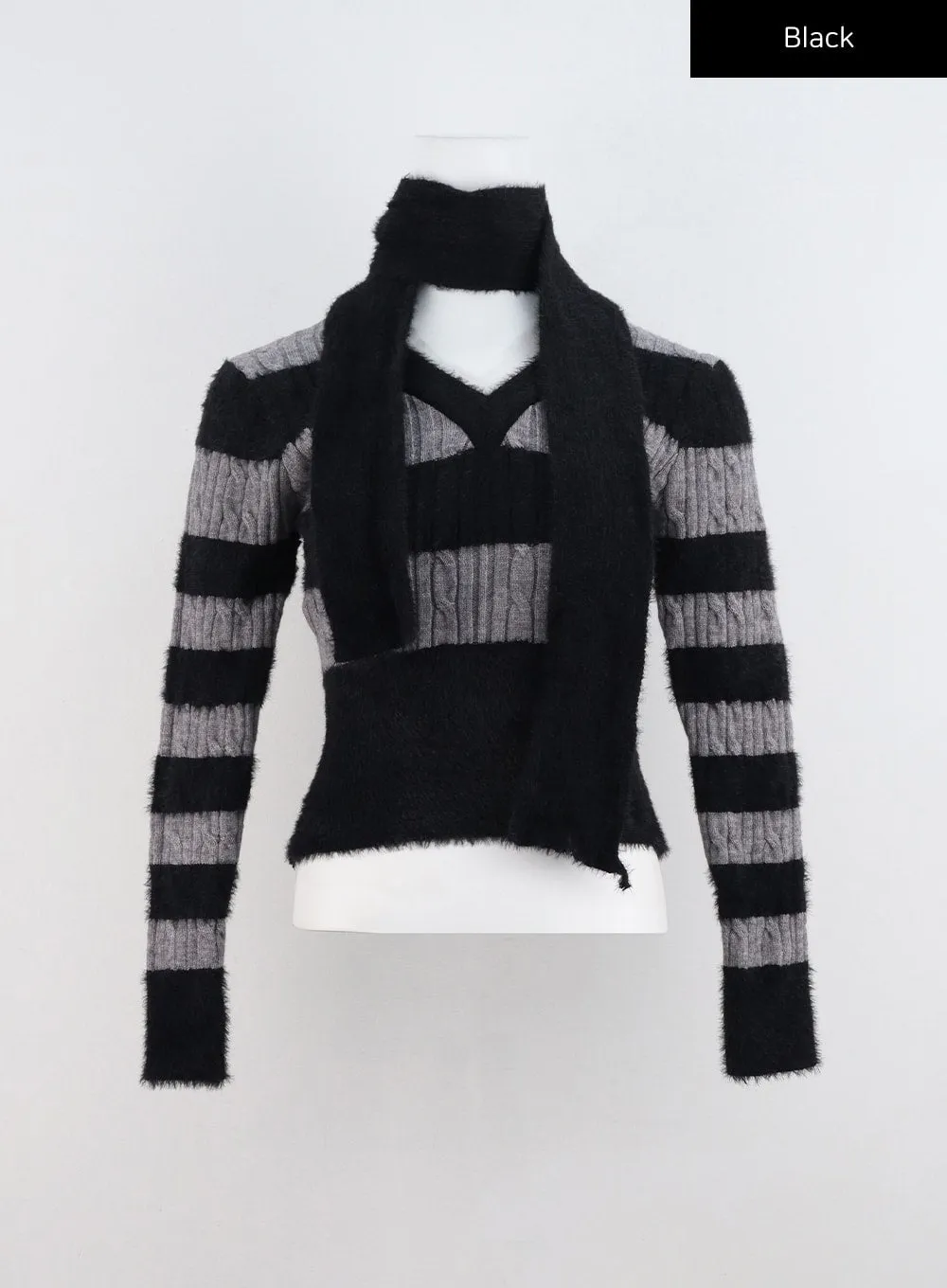 Stripe V-Neck Sweater with Scarf CN317