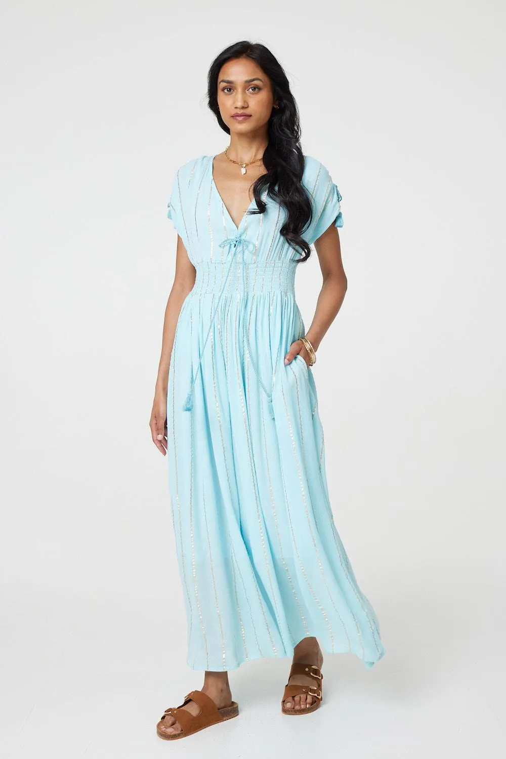 Striped Cap Sleeve Empire Maxi Dress