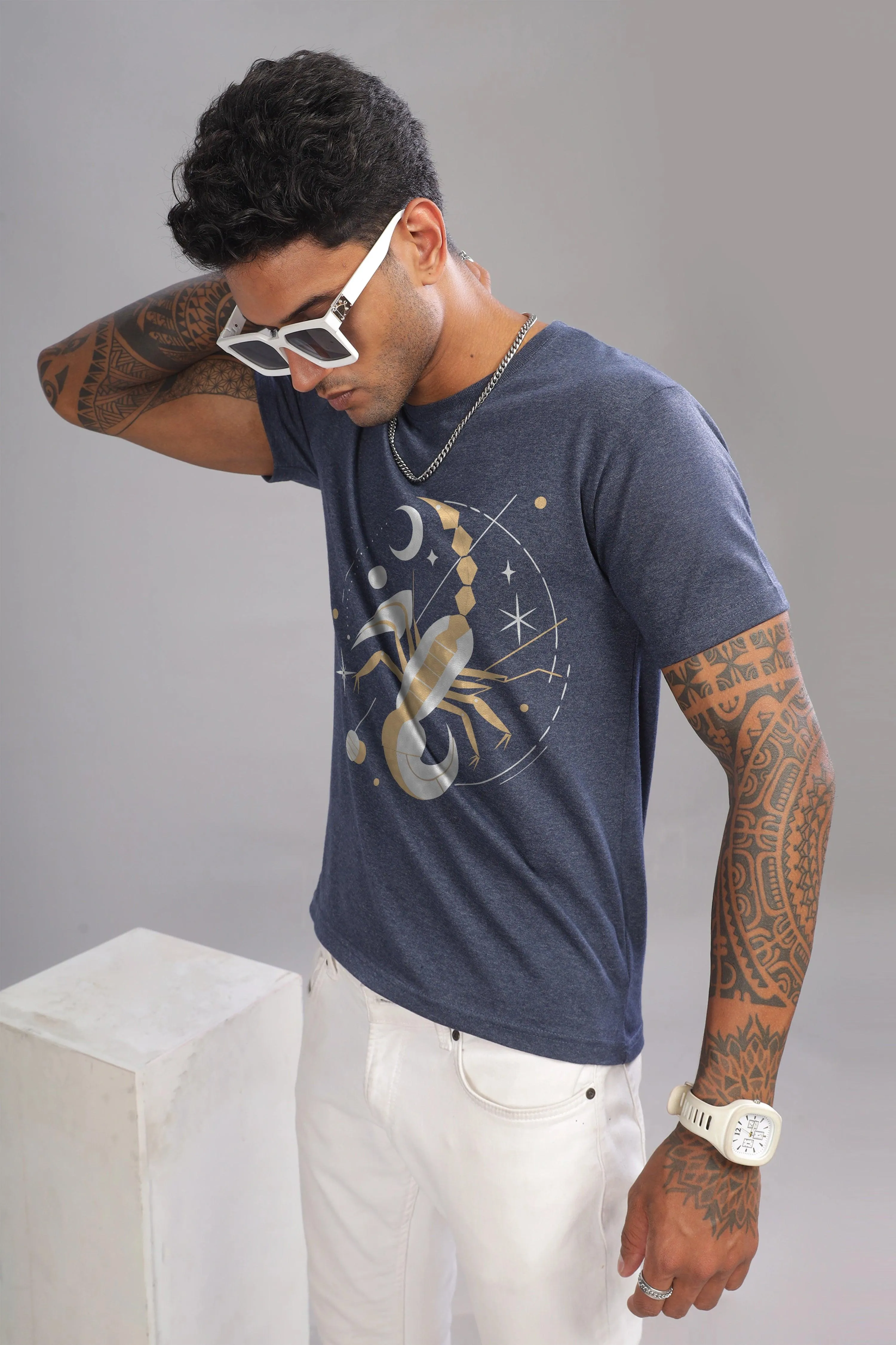 Stylish Scorpio Denim Blue Half Sleeve Printed Round Neck T-Shirt