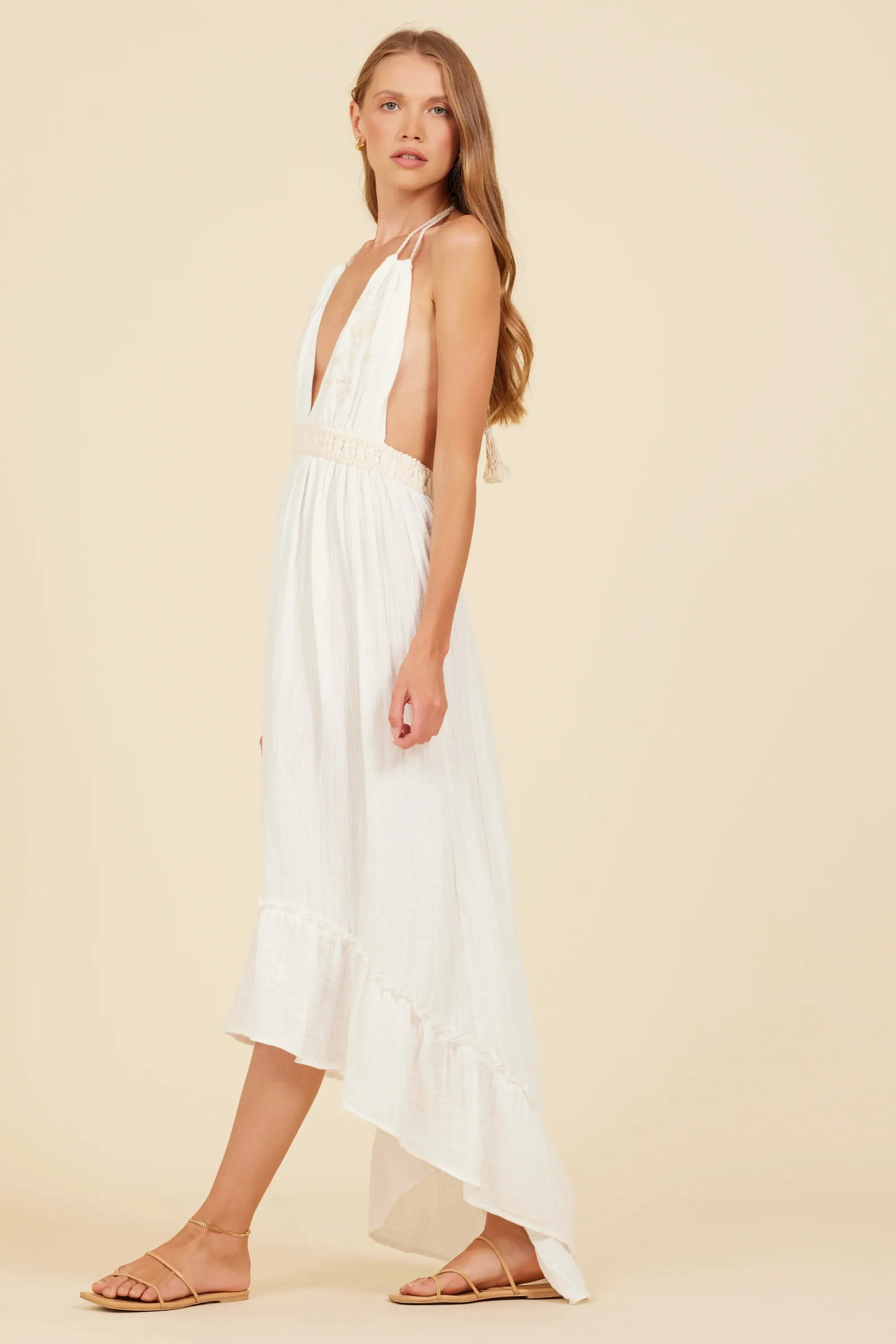 Surf Gypsy Gauze Embroidered Halter Maxi Dress