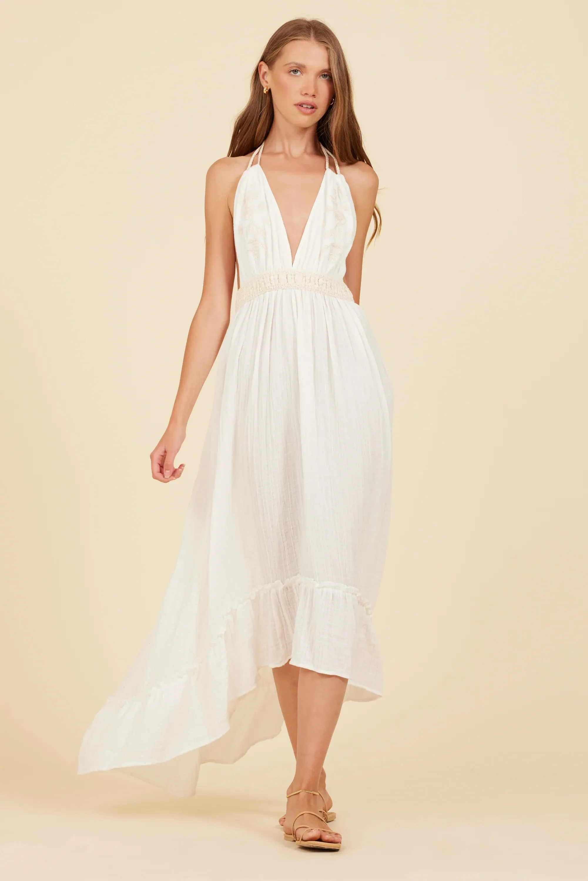 Surf Gypsy Gauze Embroidered Halter Maxi Dress