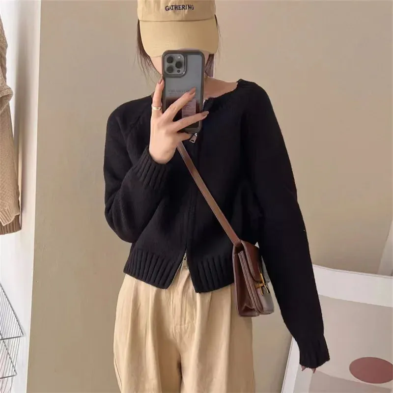 Sweet Zipper Knit Sweater Women Korean Vintage Casual Crop Cardigan Coat Autumn Harajuku O Neck Long Sleeve Sweater Female Tops