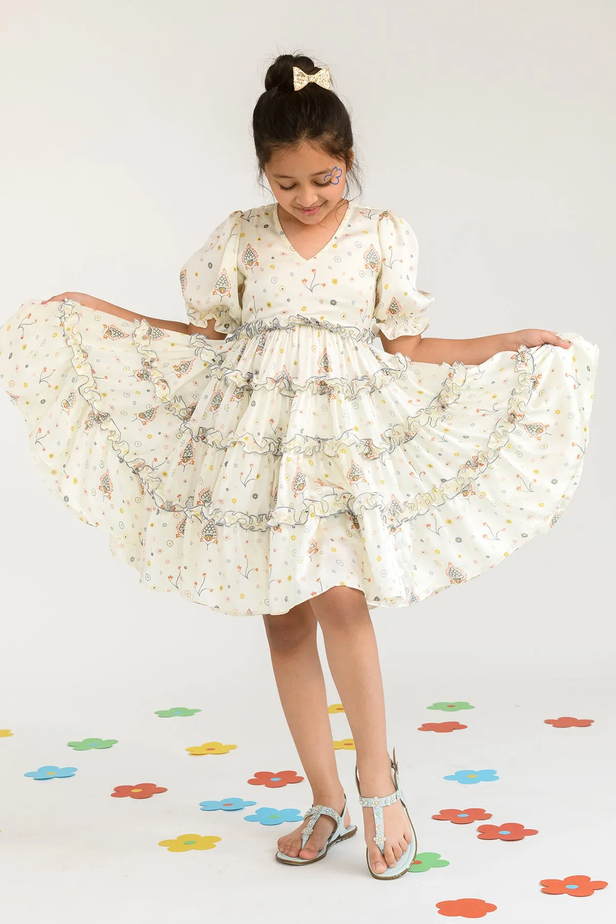 Tawny Cascade- Puffed Sleeves Maxi Dress For Girls