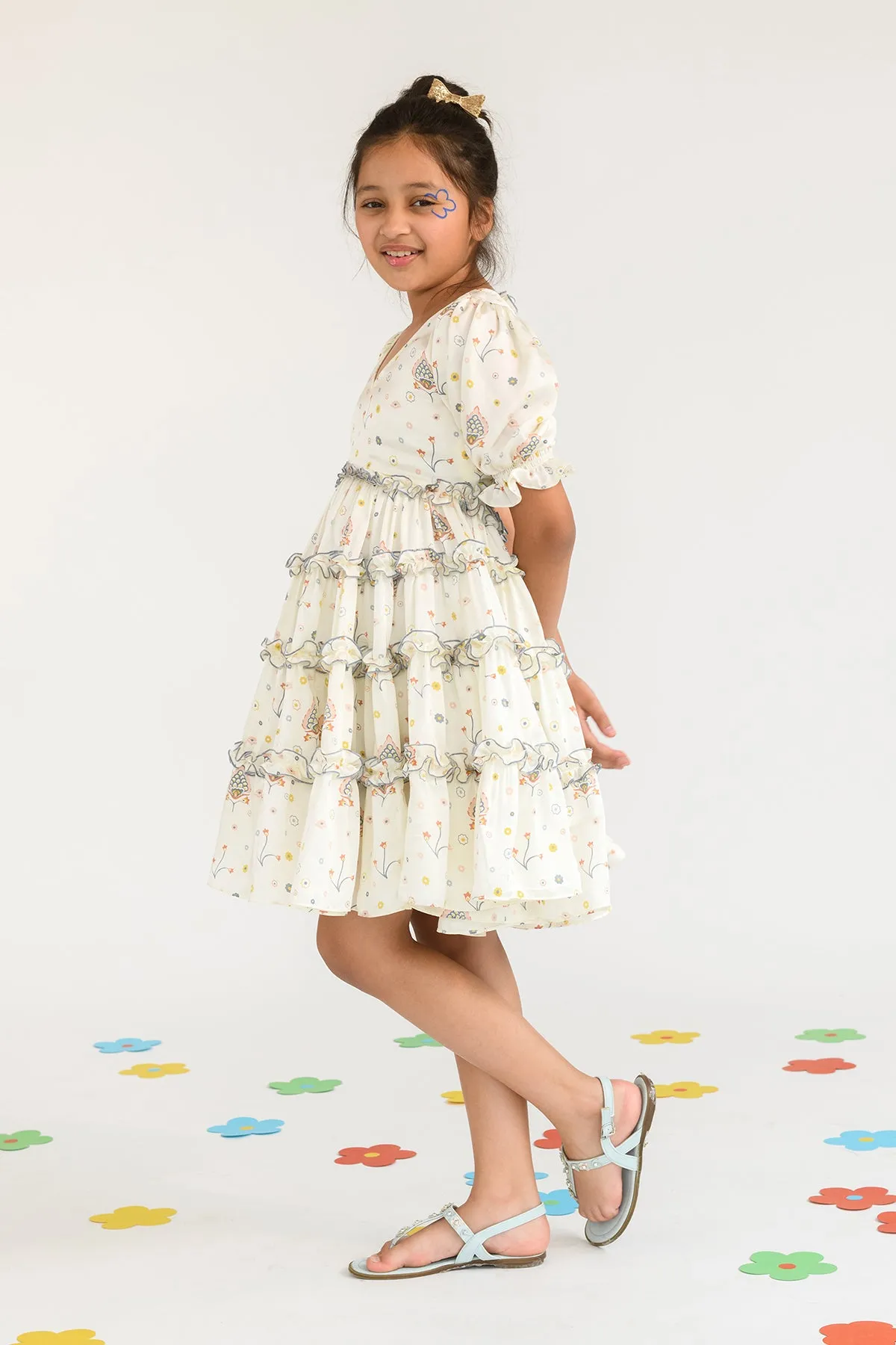 Tawny Cascade- Puffed Sleeves Maxi Dress For Girls