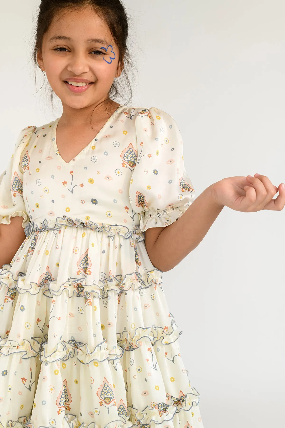 Tawny Cascade- Puffed Sleeves Maxi Dress For Girls