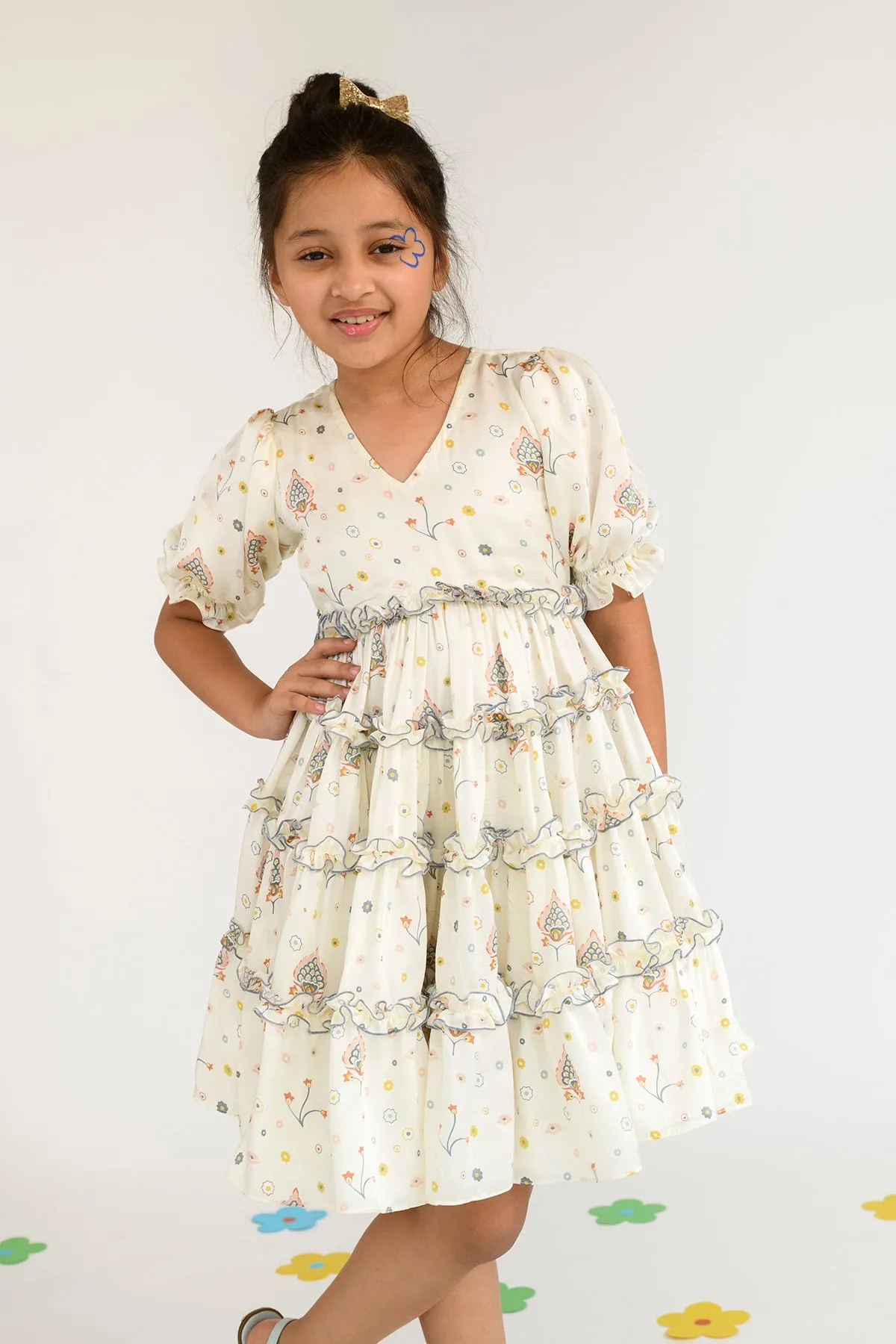 Tawny Cascade- Puffed Sleeves Maxi Dress For Girls