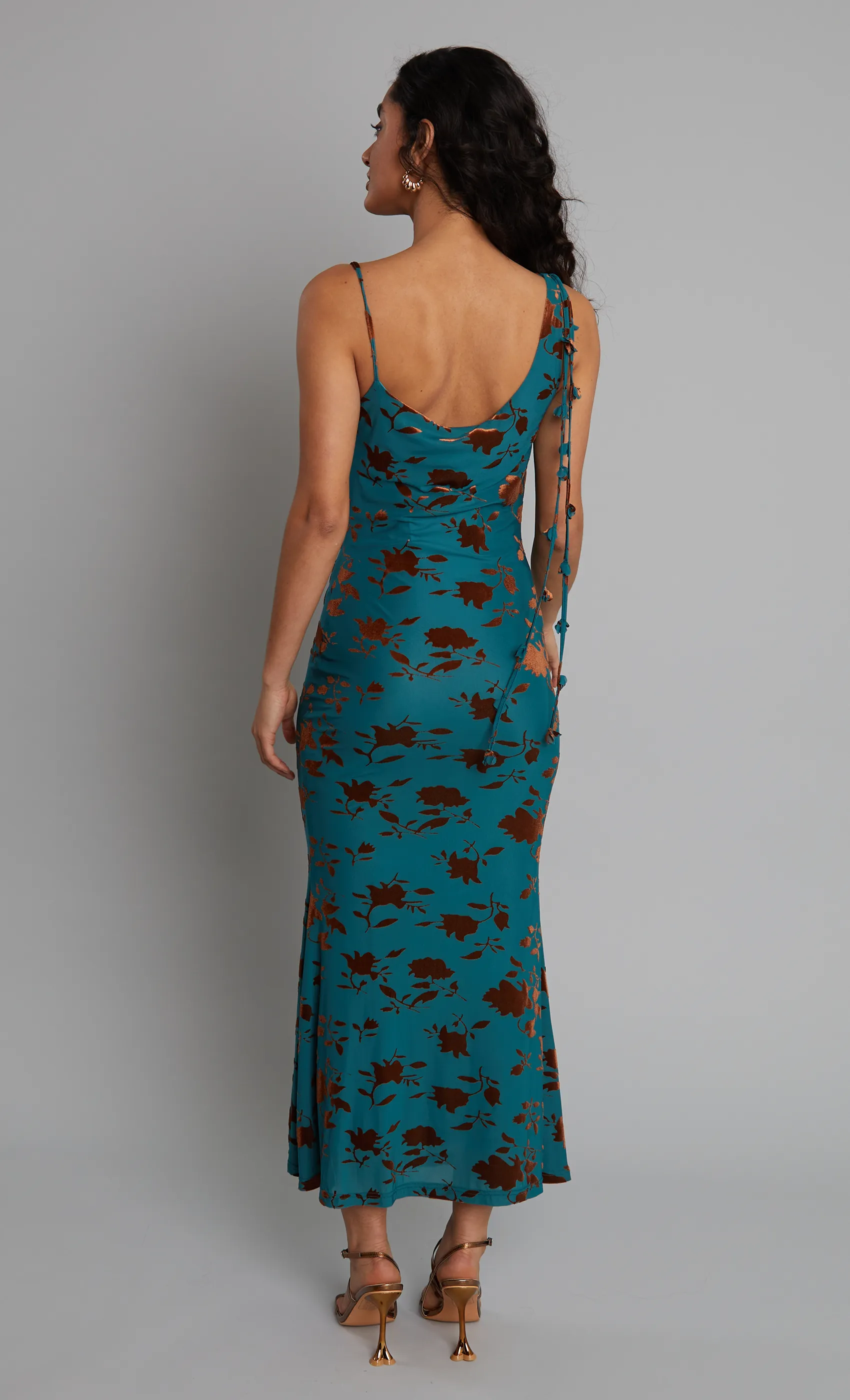 Teal Burnt Devore Asymmetric Maxi Dress