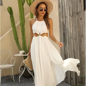 Temperament beach resort split halterneck maxi dress Stylish backless chiffon maxi dress