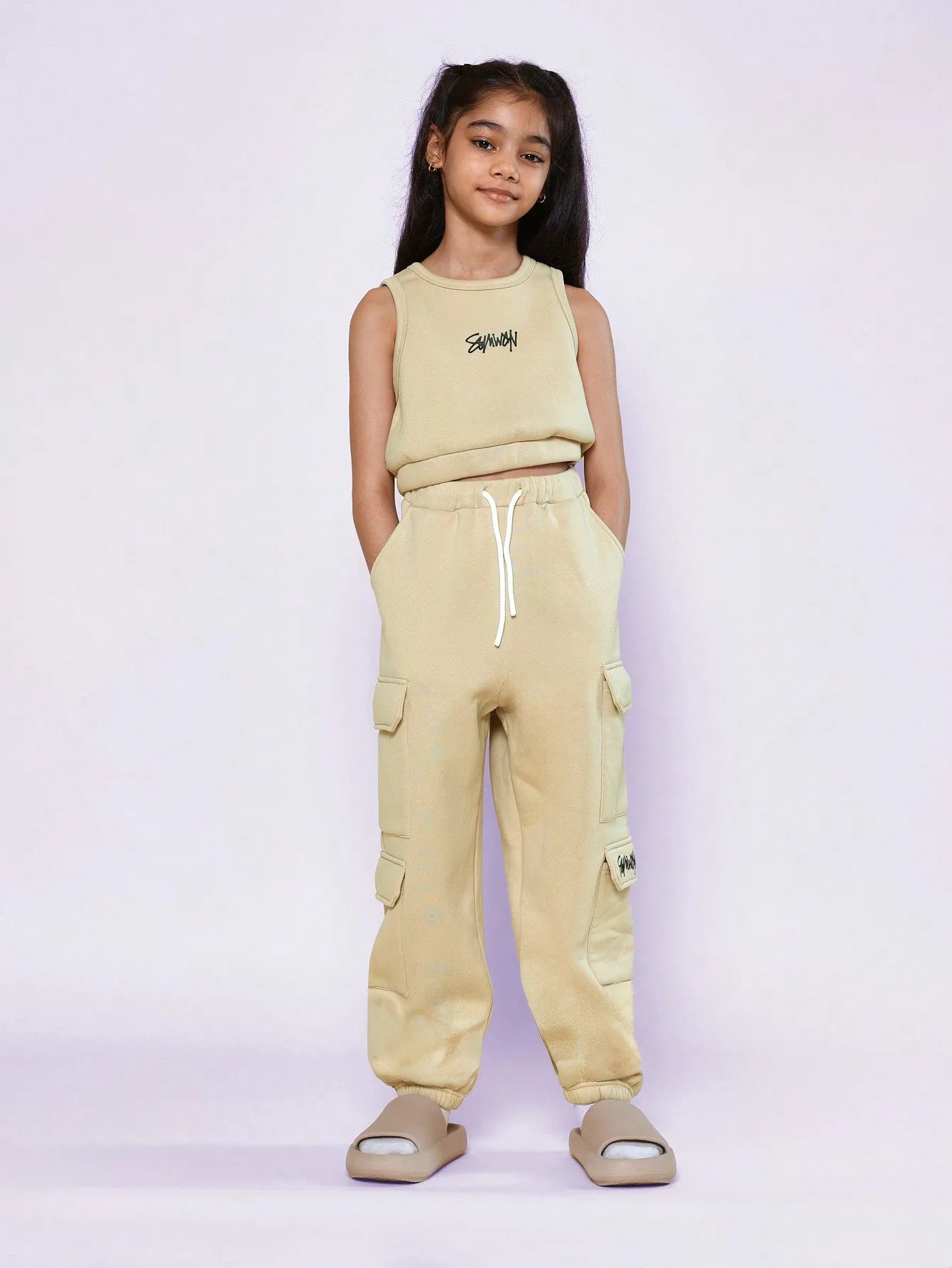 Tween Girls Crop Fit Tank Top And Cargo Pant With Small Graphic Print 2 Piece Set