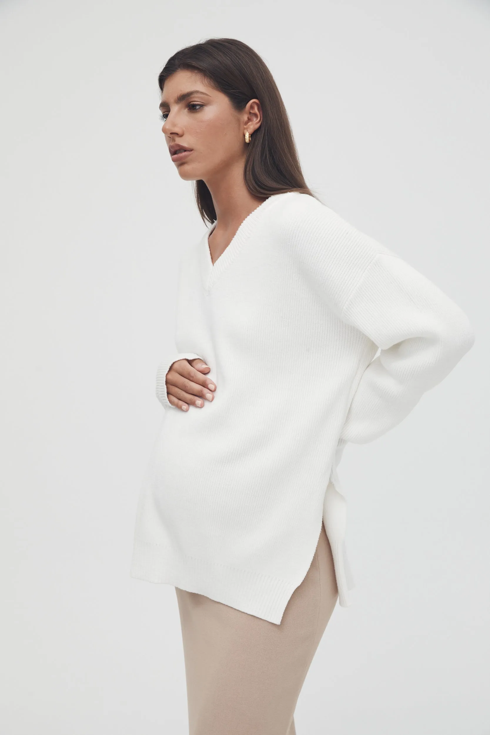 V Neck Knit Jumper (Off White) - FINAL SALE