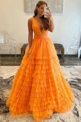 V Neck Open Back Layered Orange Tulle Long Prom Dress, Orange Tulle Formal Graduation Evening Dress A1575