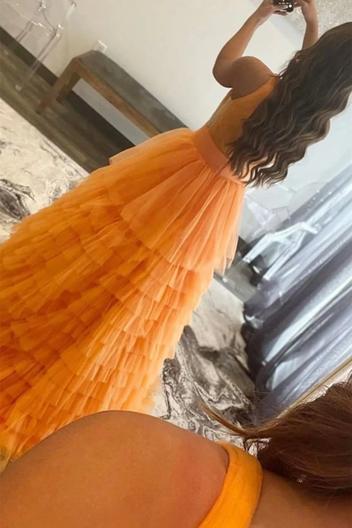 V Neck Open Back Layered Orange Tulle Long Prom Dress, Orange Tulle Formal Graduation Evening Dress A1575