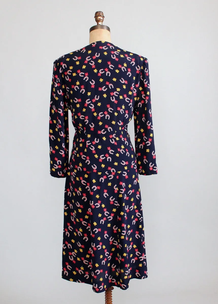 Vintage 1940s Lucky Girl Novelty Print Rayon Dress Suit