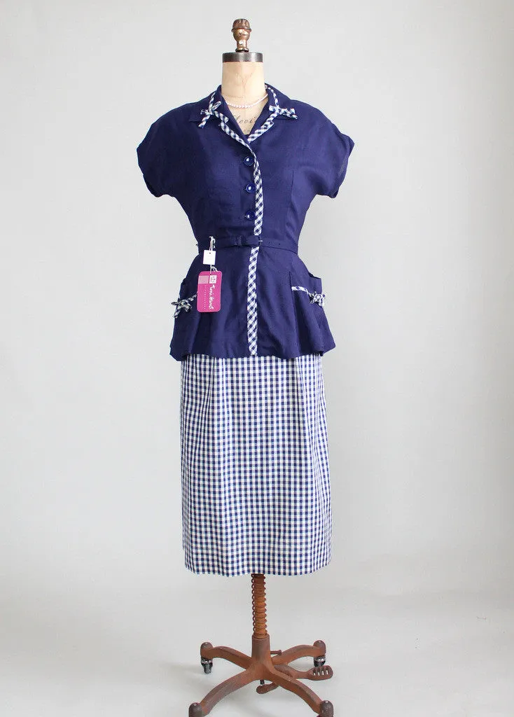 Vintage 1950s Navy and White Gingham Sundress and Peplum Jacket