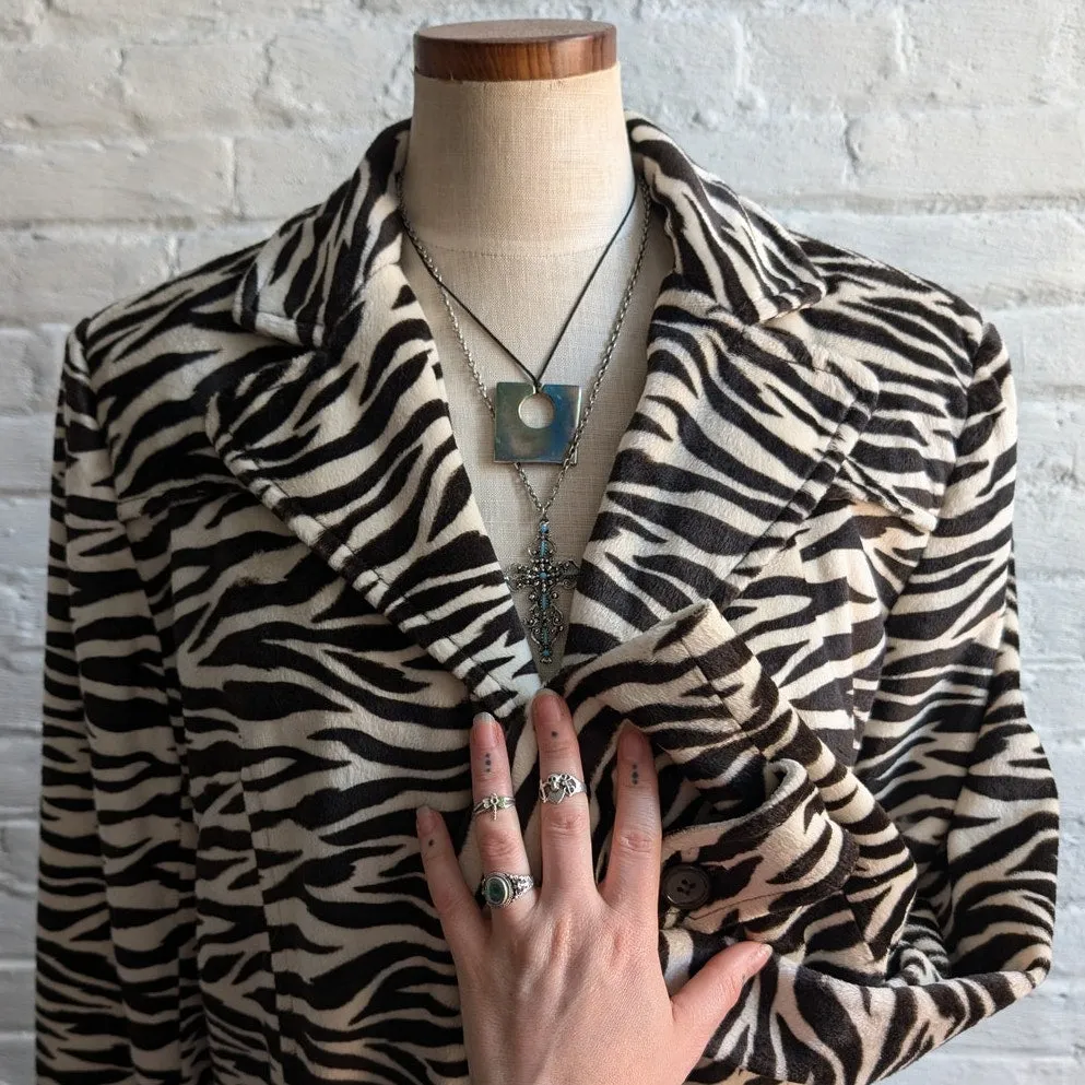 Vintage Black Striped Fuzzy Trench Coat Zebra Tiger Animal Print Teddy Jacket