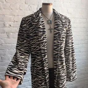 Vintage Black Striped Fuzzy Trench Coat Zebra Tiger Animal Print Teddy Jacket