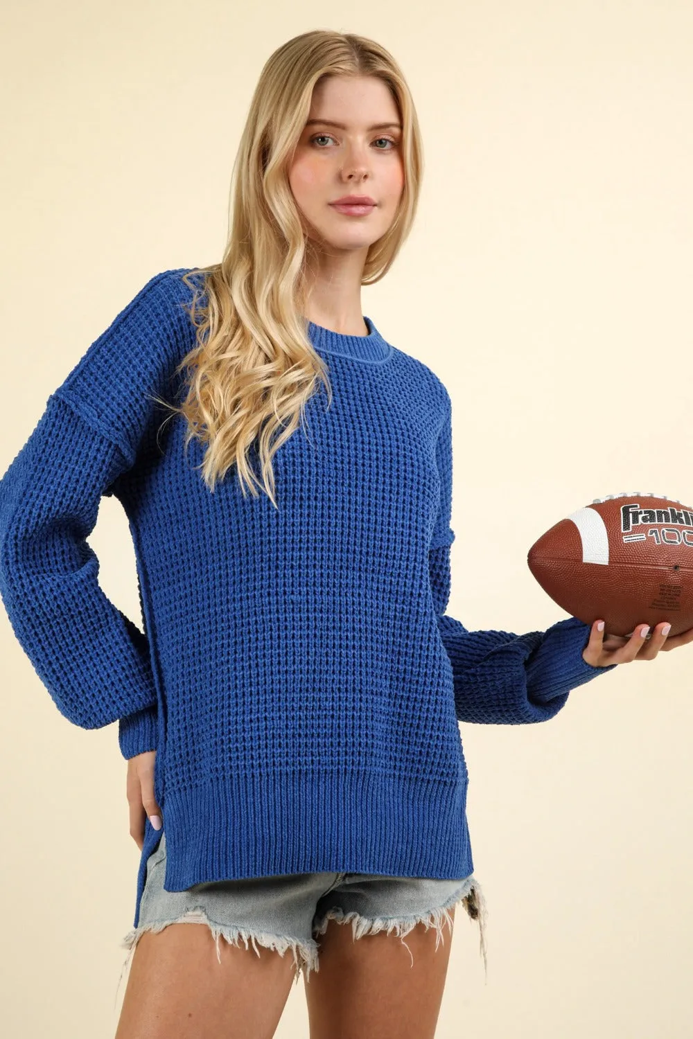 Waffle-Knit Exposed Seam Round Neck Sweater