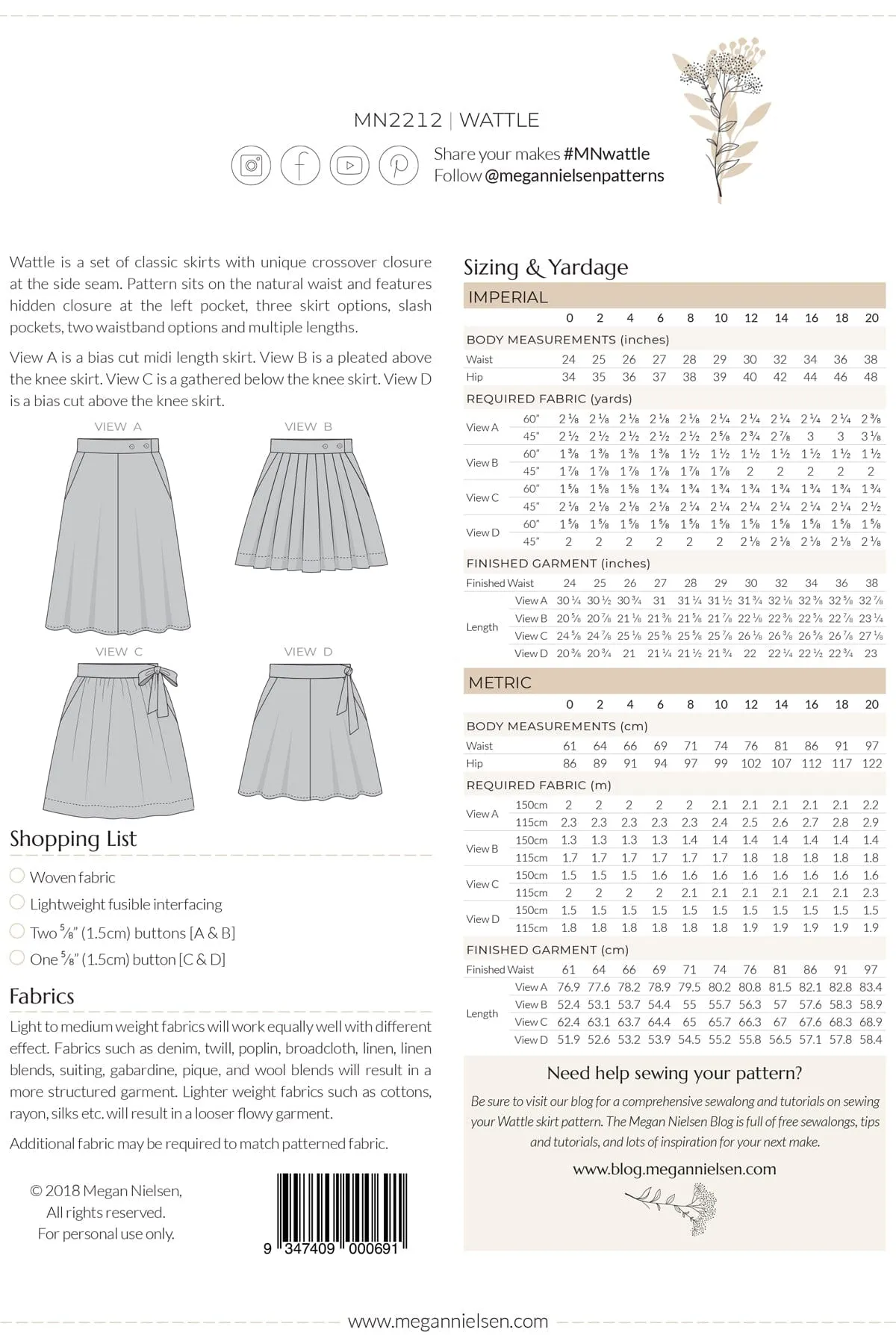 Wattle Skirt - Sizes 0-20 - Megan Nielsen