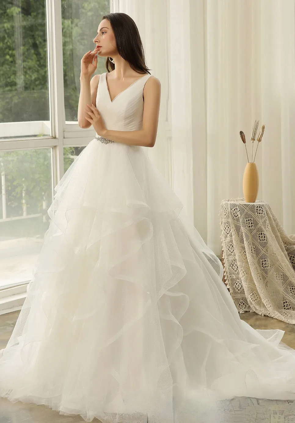 Wedding Dress In Ruffed Glitter Tulle With Princess Silhouette