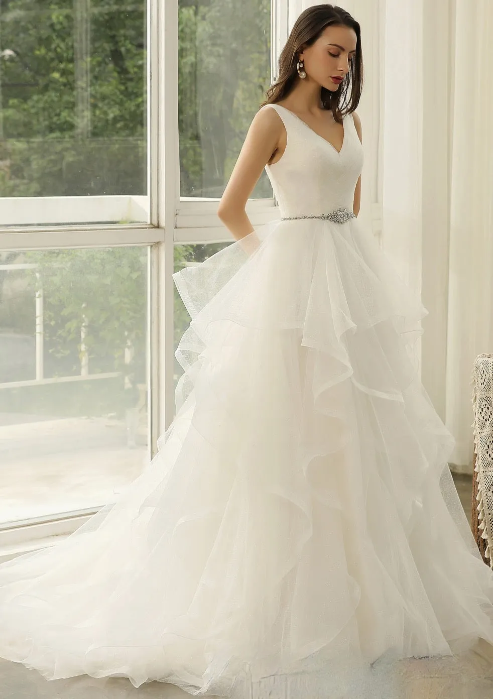 Wedding Dress In Ruffed Glitter Tulle With Princess Silhouette