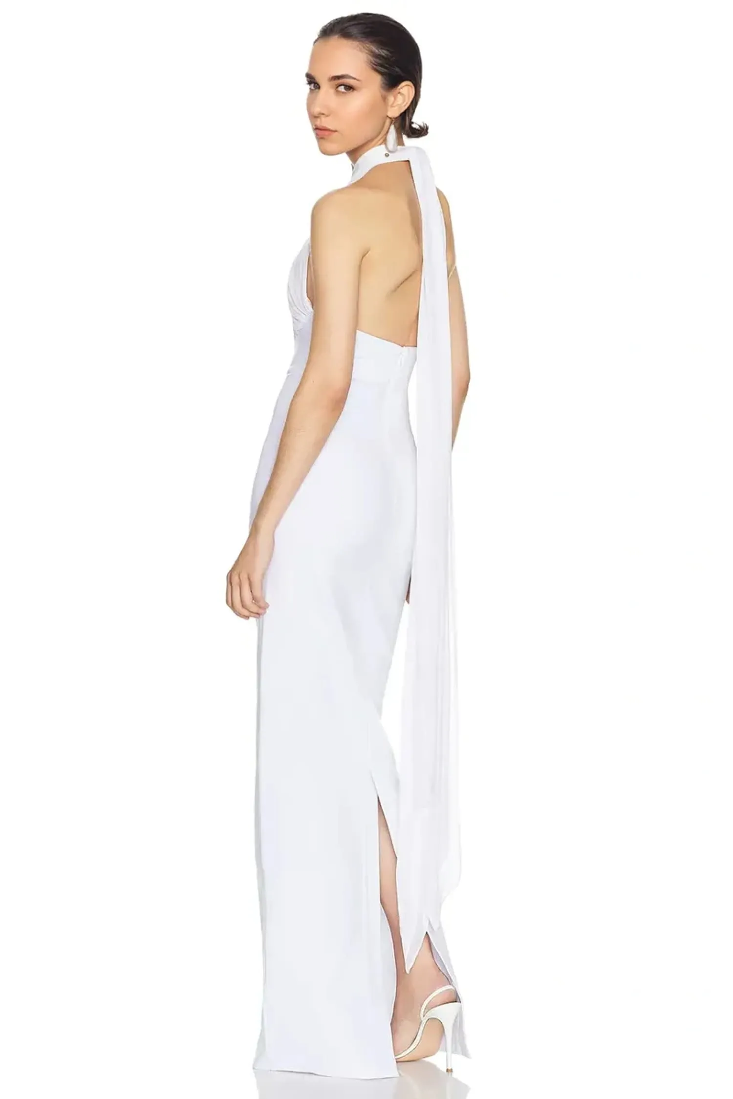 White Backless Plunge Backless Maxi Dress