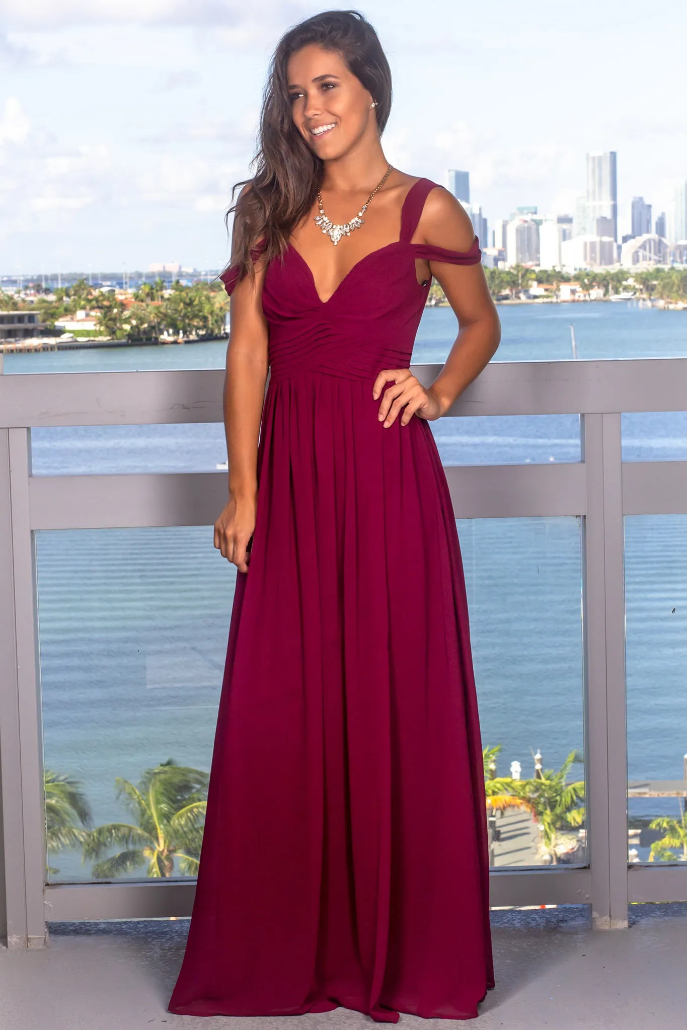 Wine Off Shoulder Maxi Dress with Pleated Top