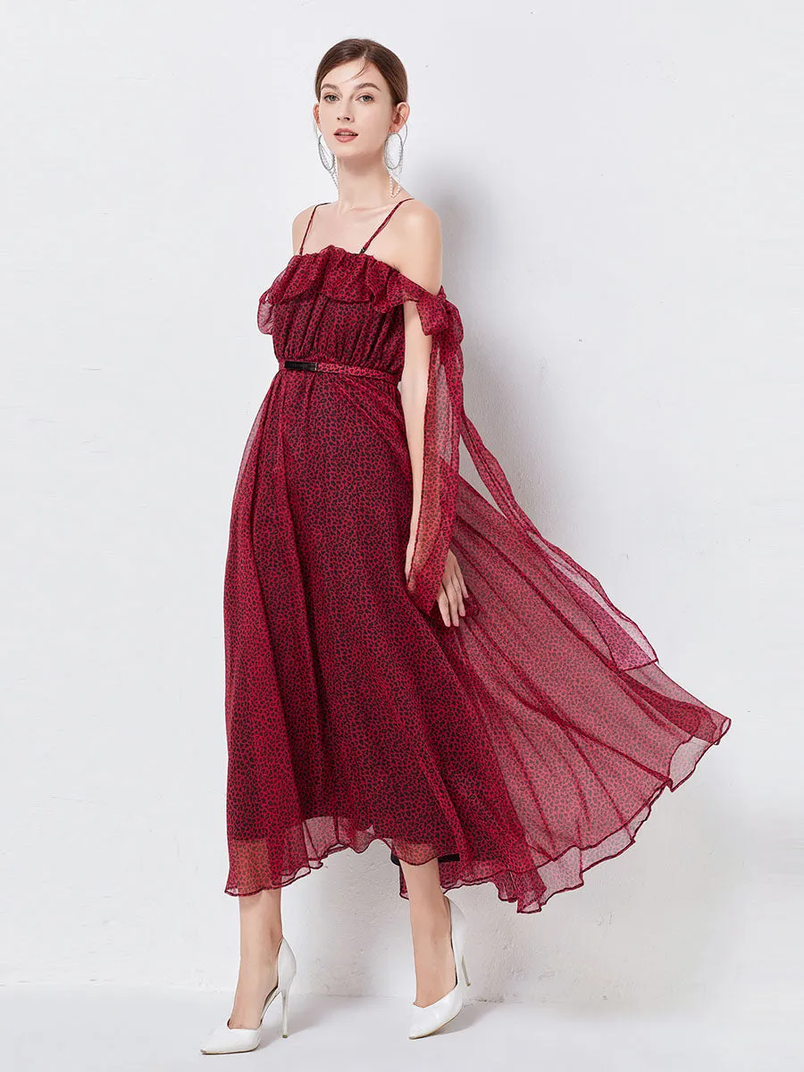 Wine Red Strap Off Shoulder Flowy Leopard Print Party Boho Dress