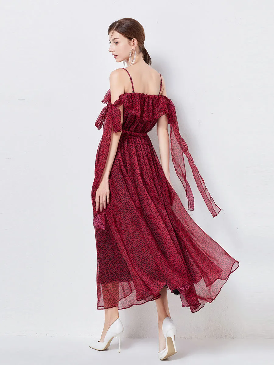 Wine Red Strap Off Shoulder Flowy Leopard Print Party Boho Dress