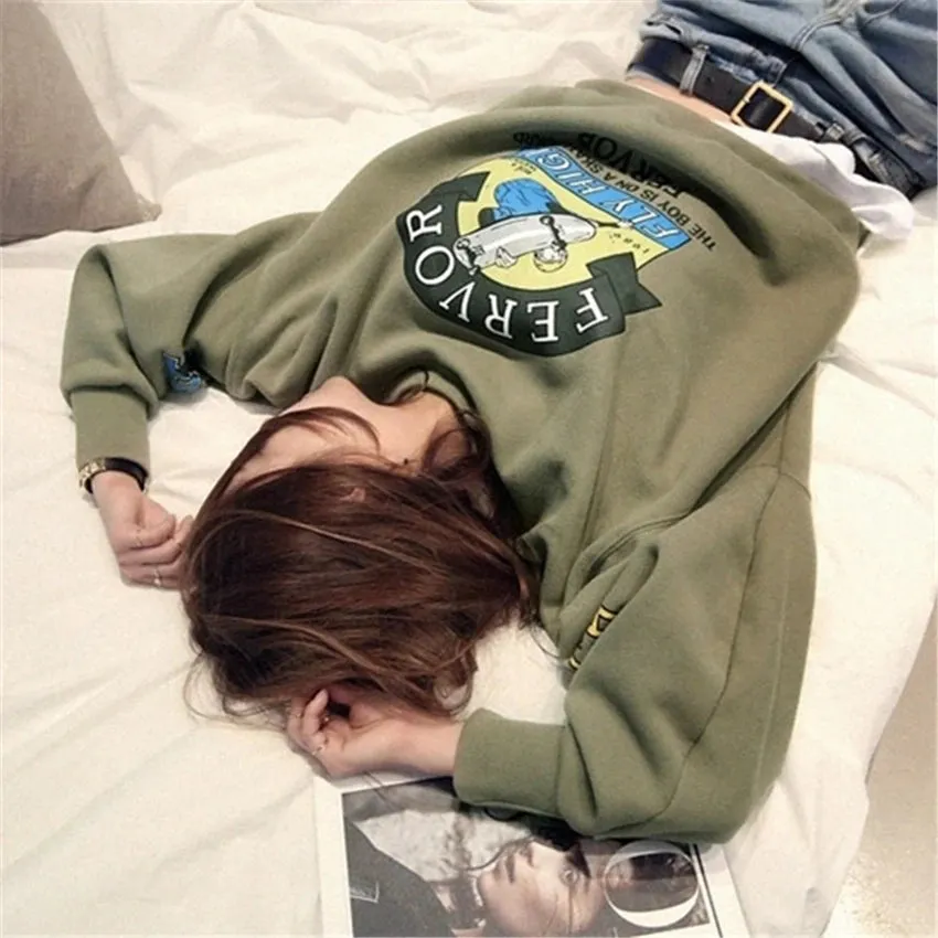 Winter Autumn Harajuku Funny Cartoon Tracksuit for Women Pullover Fleece Hoodies Loose Female Sweatshirt Army Green