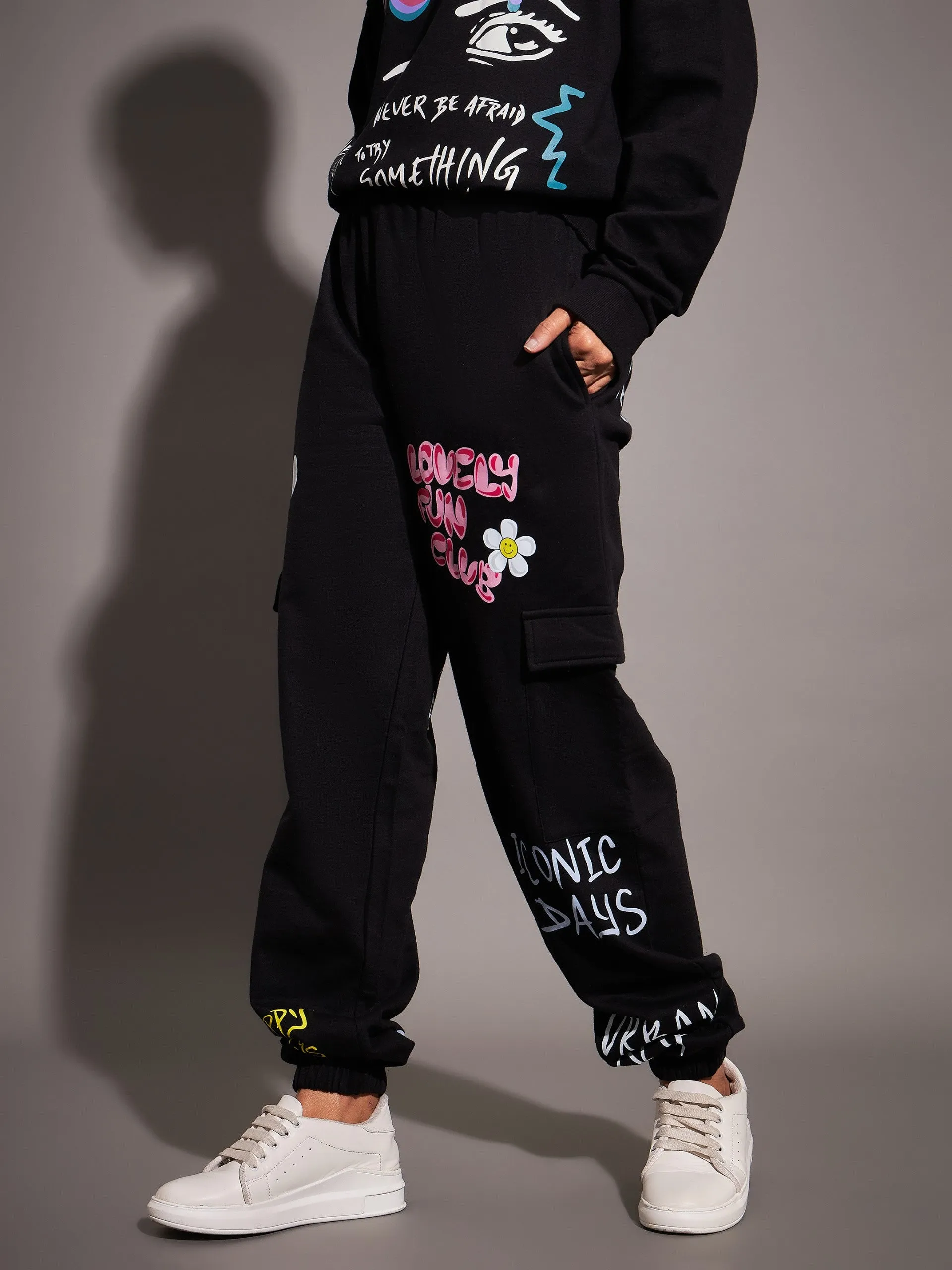 Women Black LOVELY FUN CLUB Printed Joggers