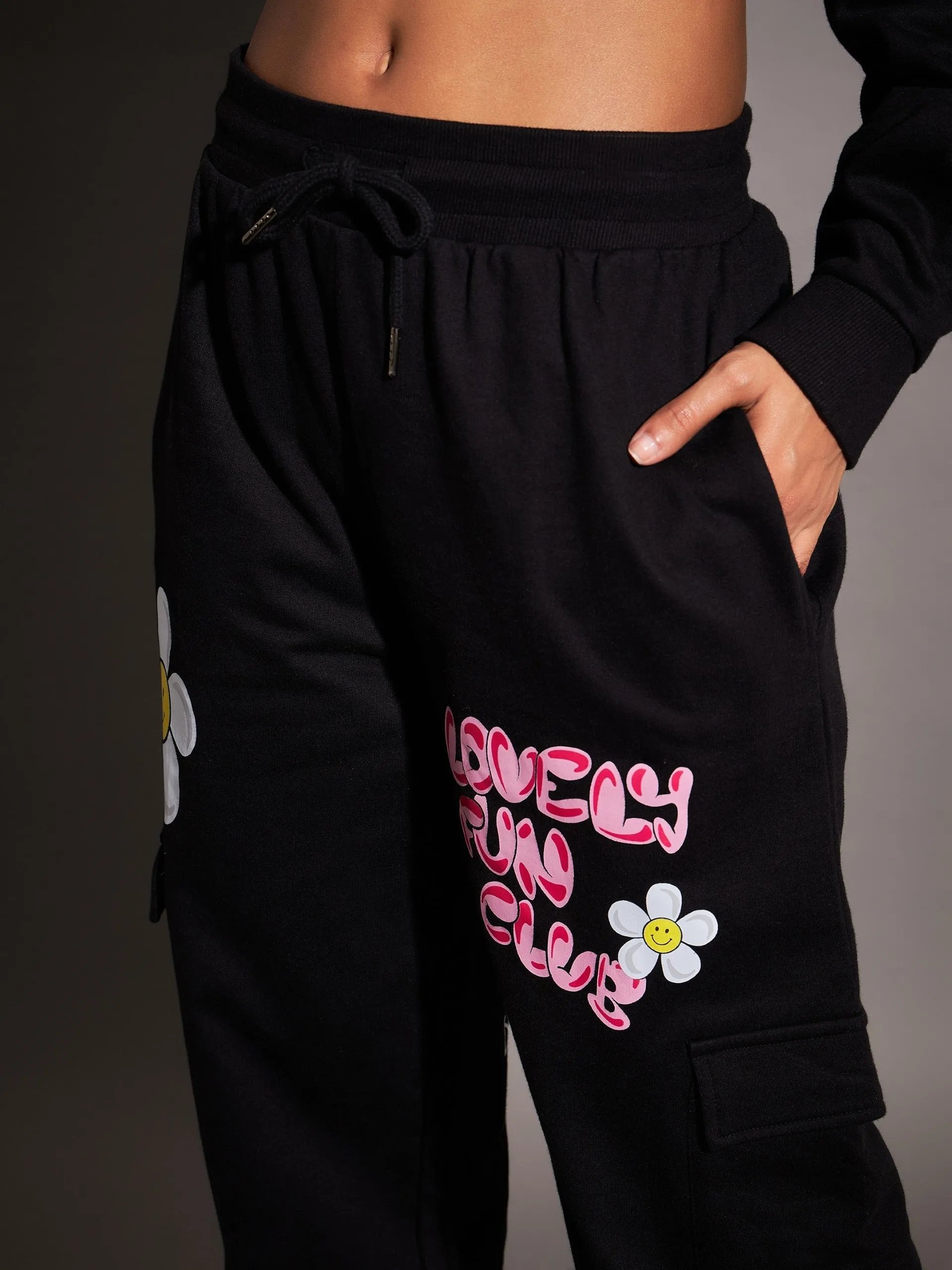 Women Black LOVELY FUN CLUB Printed Joggers