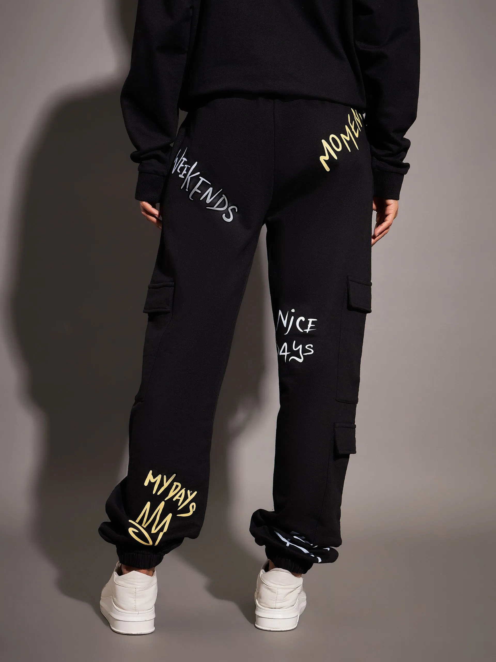 Women Black LOVELY FUN CLUB Printed Joggers