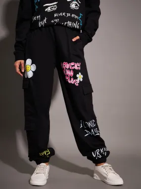 Women Black LOVELY FUN CLUB Printed Joggers