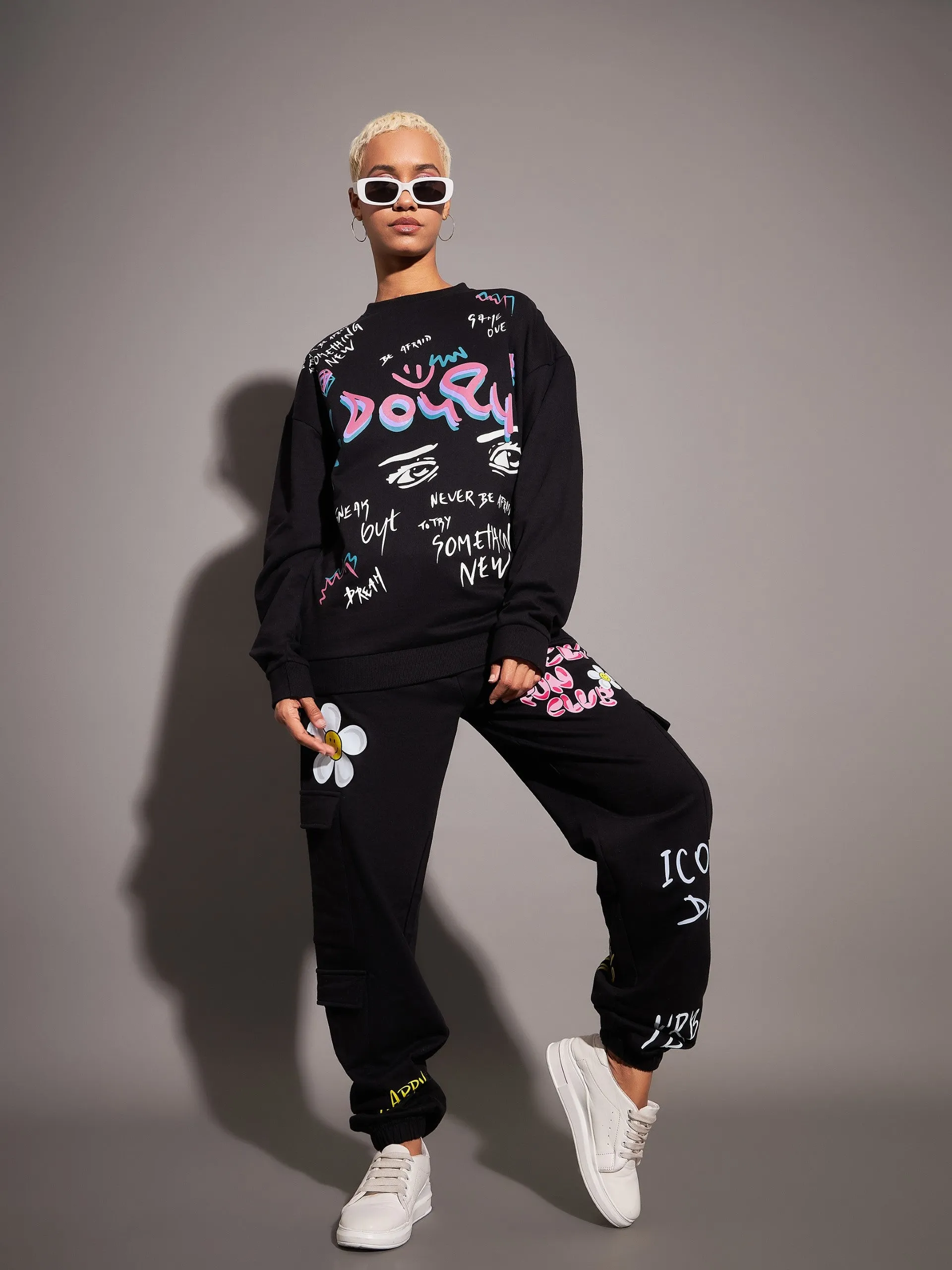 Women Black LOVELY FUN CLUB Printed Joggers