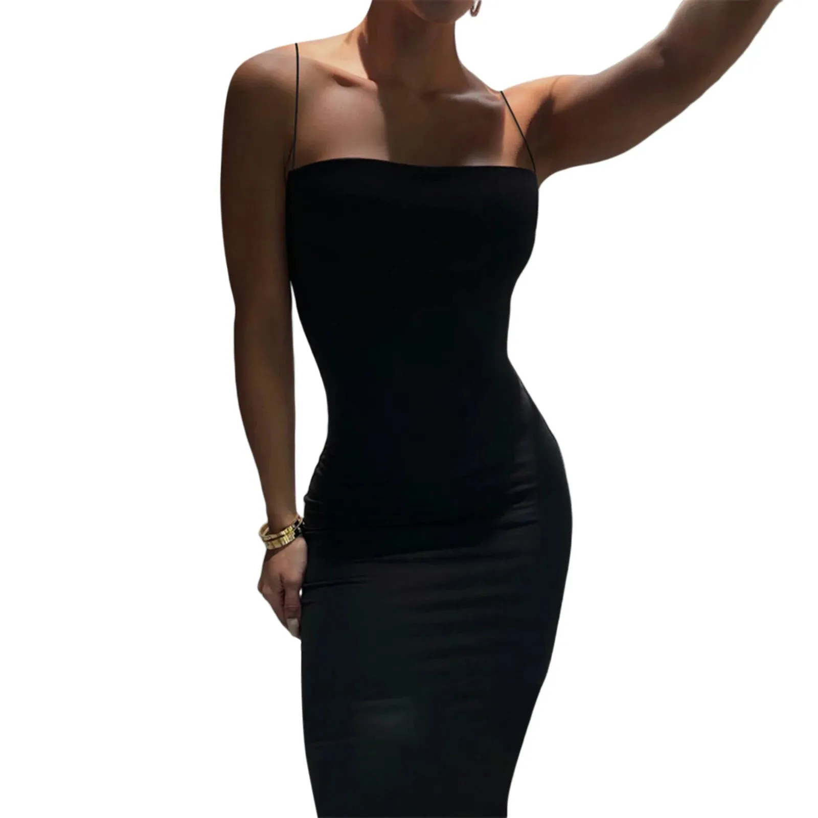 Women Casual Summer Spaghetti Strap Bodycon Dress Fashion Solid Color Sleeveless Backless Slim Fit Sling Long Dress