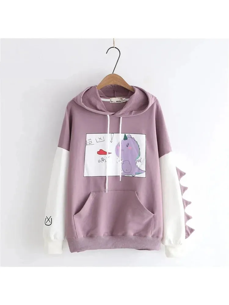 Women Dinosaur Sweatshirt With Horns On Sleeve Cotton Hoodies Sweatshirts Winter Hooded Hawaii Pullovers