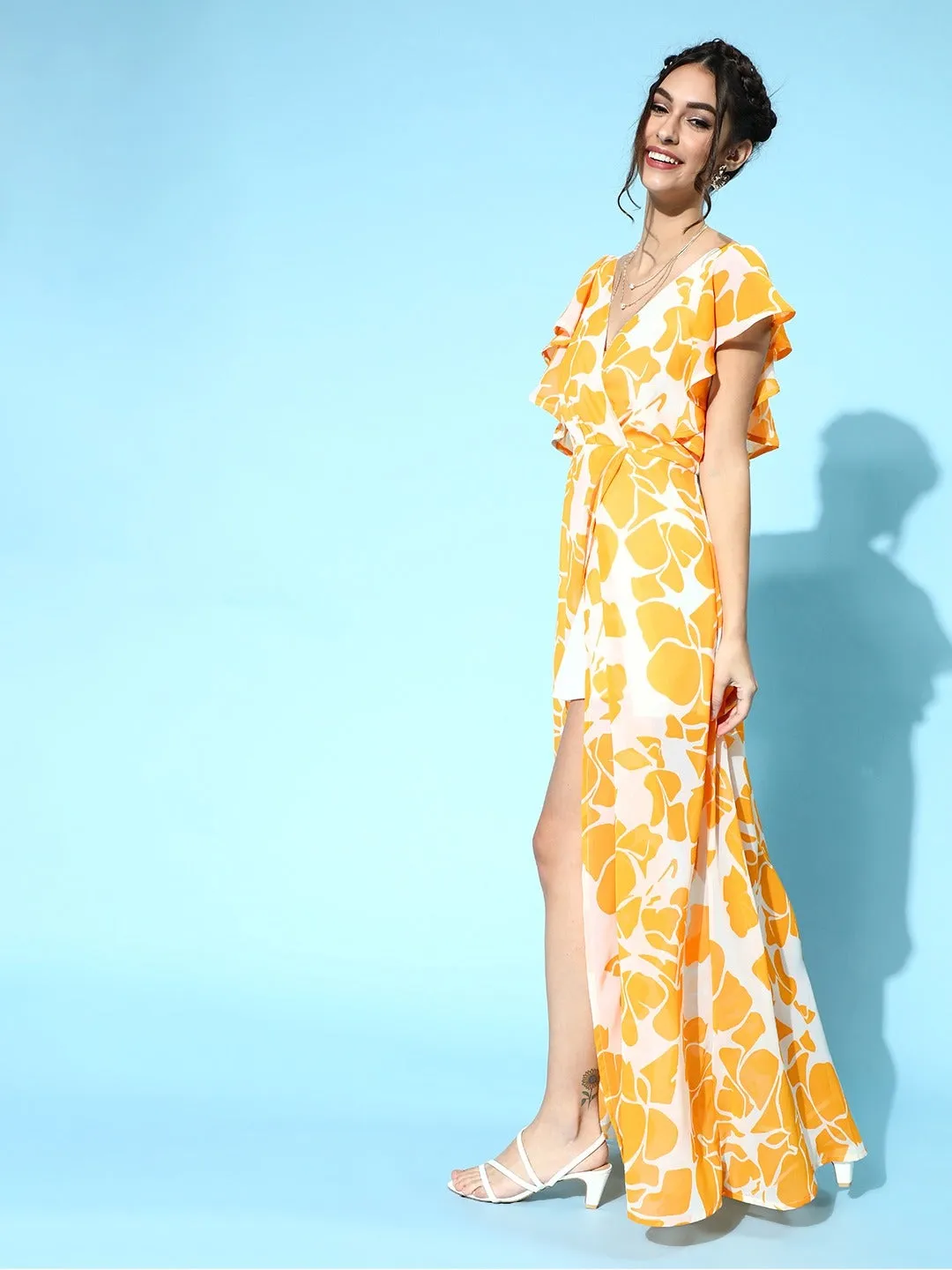 Women Mustard Floral Frill Sleeve Maxi