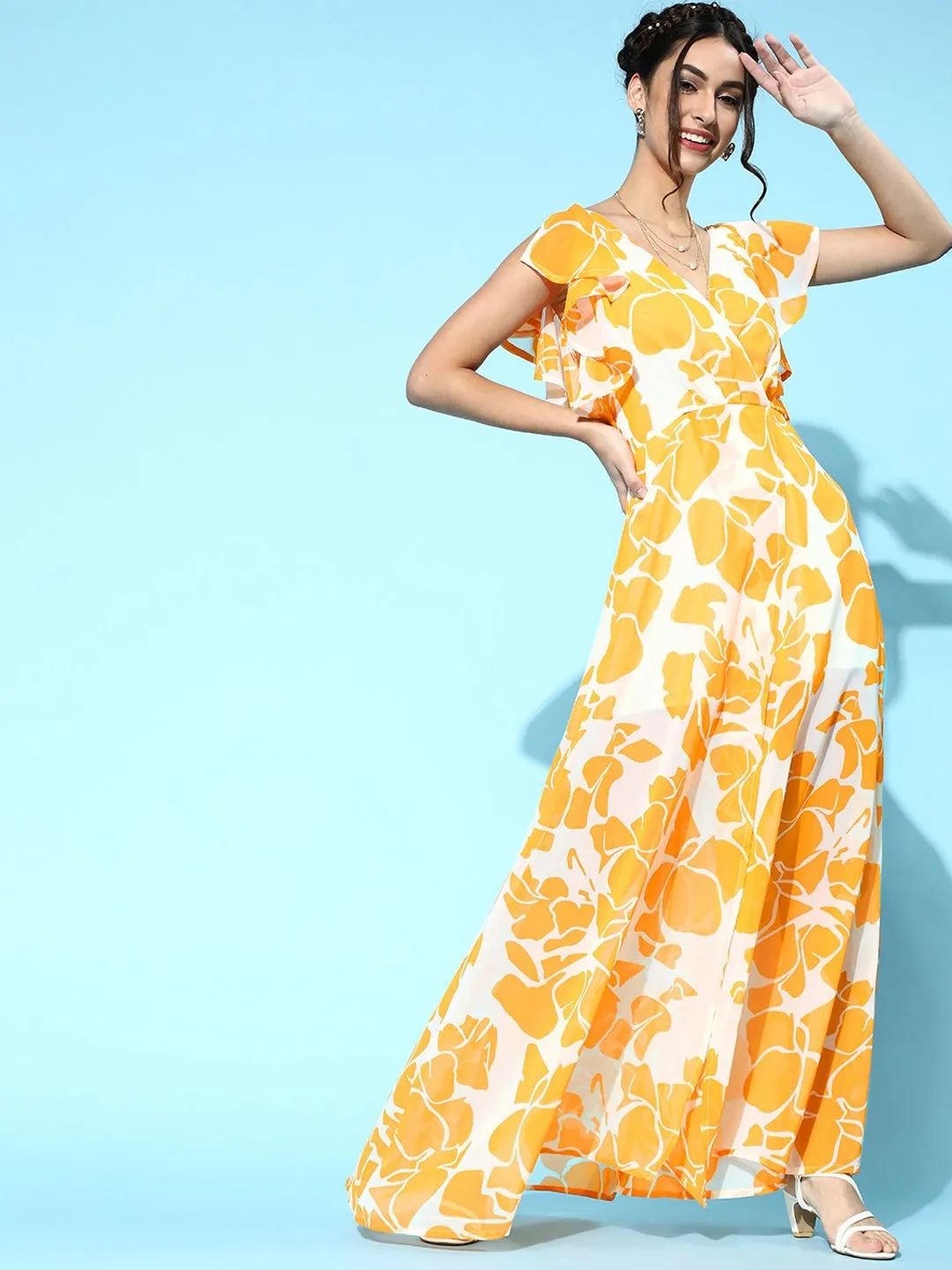 Women Mustard Floral Frill Sleeve Maxi