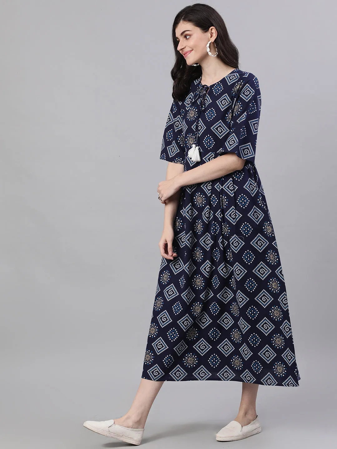 Women Navy Blue Geometric Printed Tie-Up Neck Cotton Maxi Dress