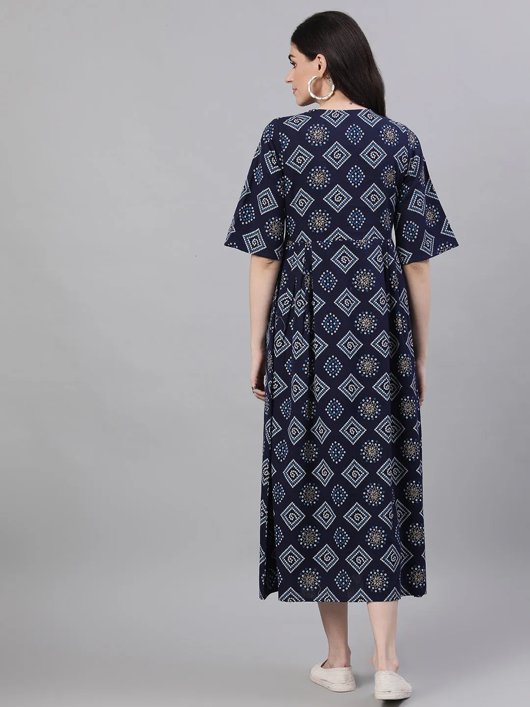 Women Navy Blue Geometric Printed Tie-Up Neck Cotton Maxi Dress