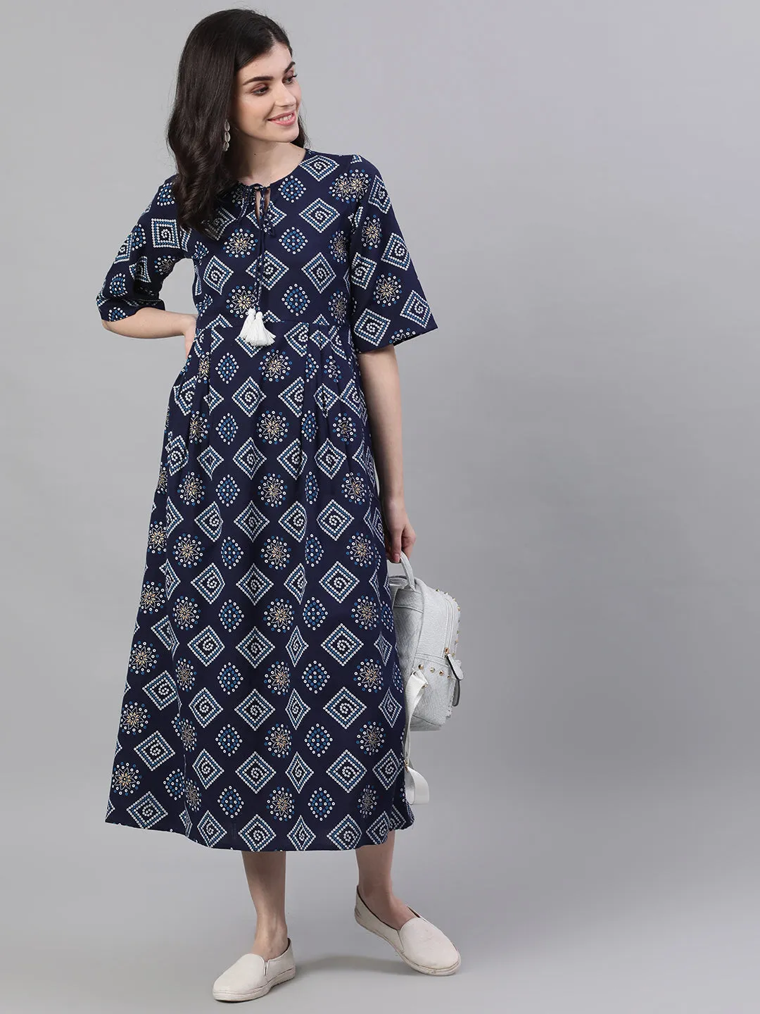 Women Navy Blue Geometric Printed Tie-Up Neck Cotton Maxi Dress