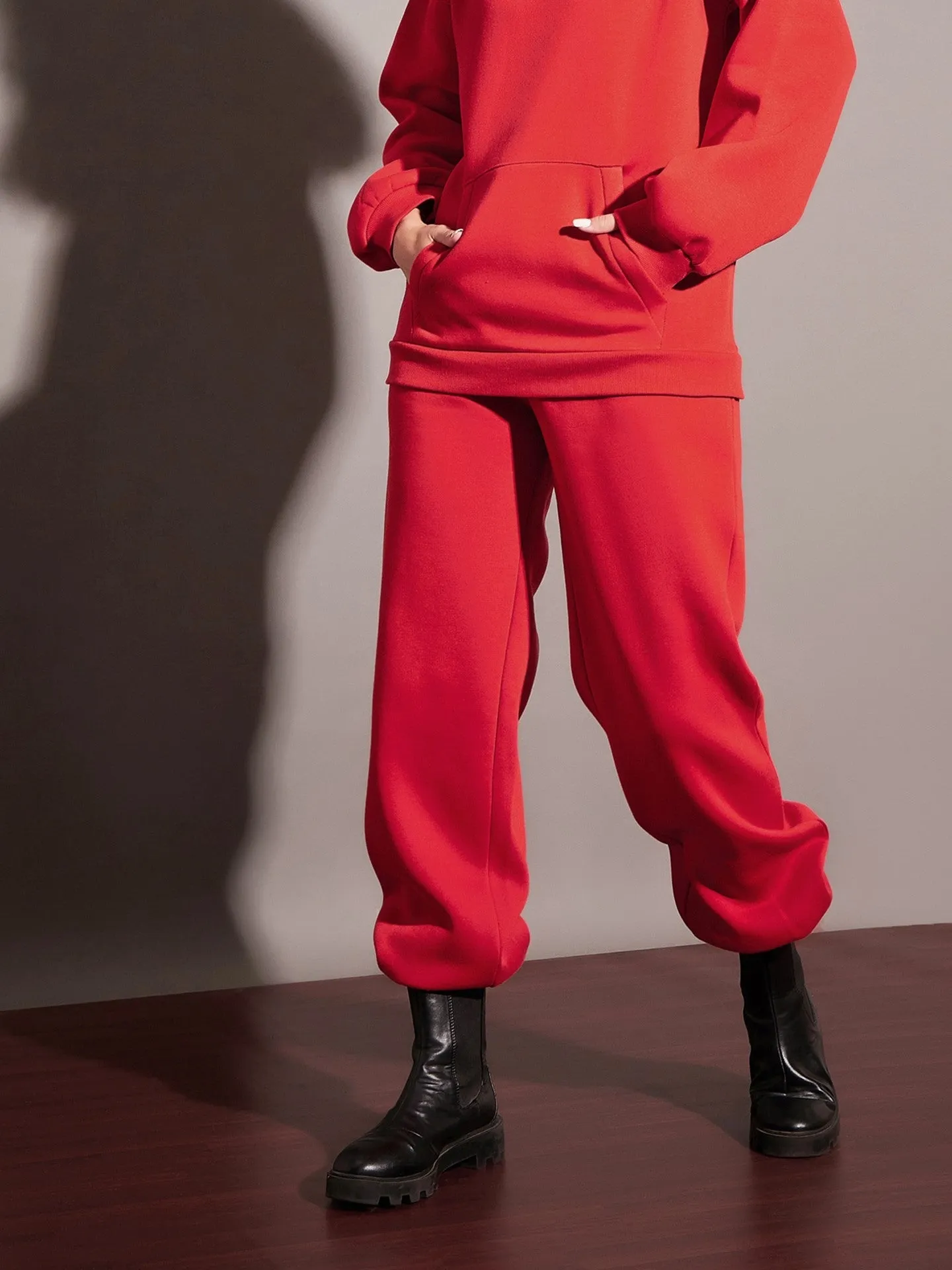 Women Red Fleece Baggy Joggers