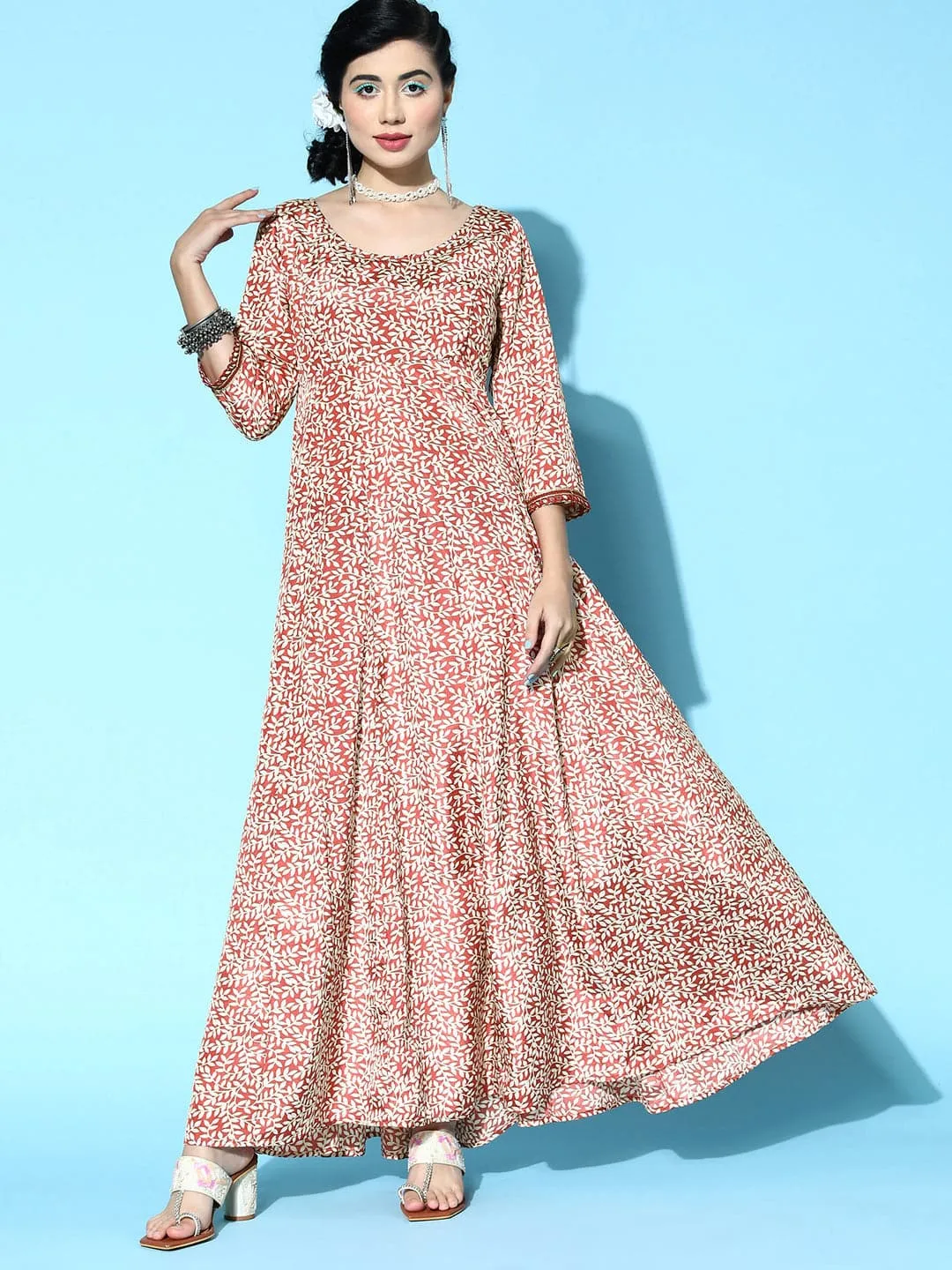 Women Rust Leaf Print Anarkali Maxi Dress