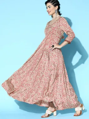 Women Rust Leaf Print Anarkali Maxi Dress