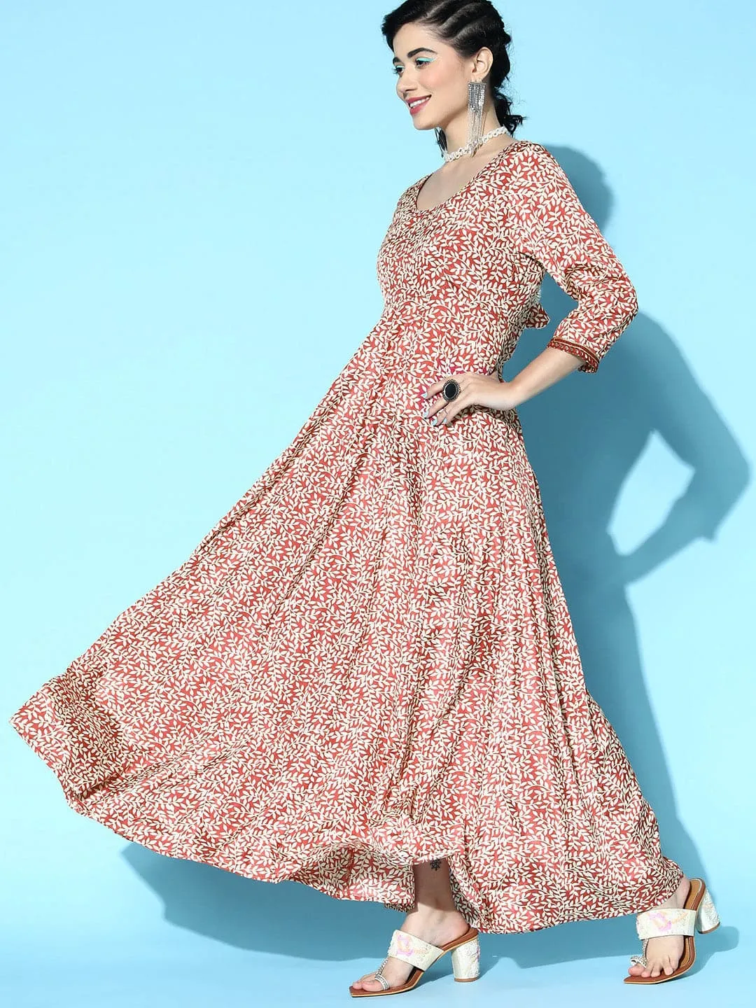 Women Rust Leaf Print Anarkali Maxi Dress